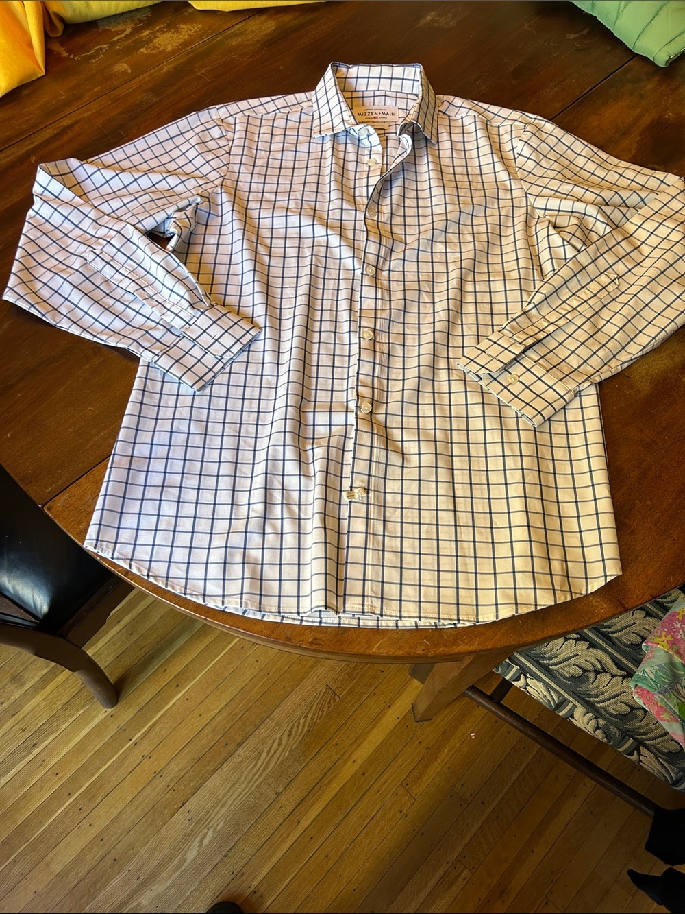 Mizzen+Main White Dress Shirt with Blue Windowpane Check